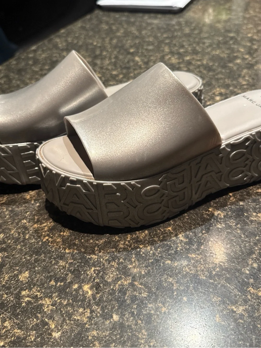 Marc Jacobs Silver Glitter Platform Slide Sandals